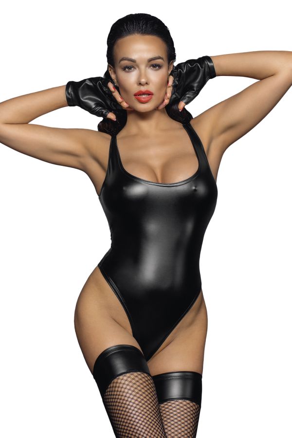 Lśniące body Noir Handmade F244 Powerwetlook body with high cut bottom hem