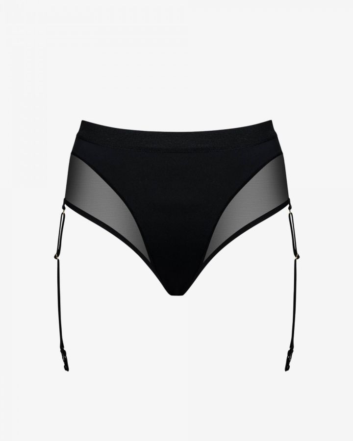 Czarne stringi z siateczką i paskiem do pończoch Promees Emily