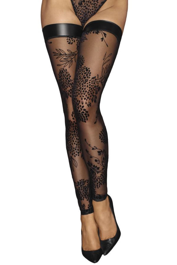 Tiulowe pończochy samonośne Noir Handmade F243 Tulle stockings with patterned flock embroidery and Powerwetlook band at the top
