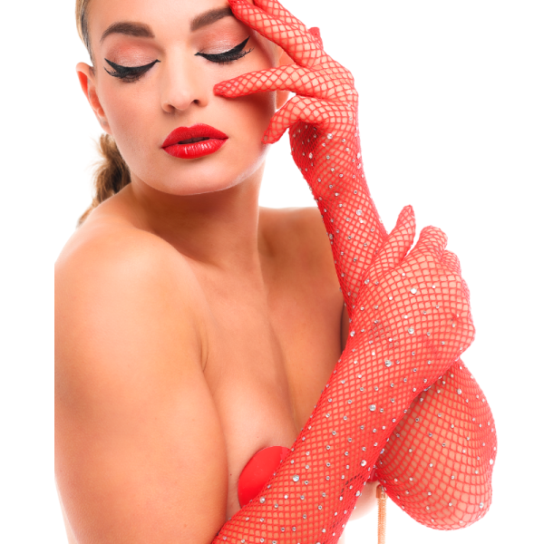 Kinky Diva rękawiczki z cyrkoniami Starlet Gloves Red/Rhinestones