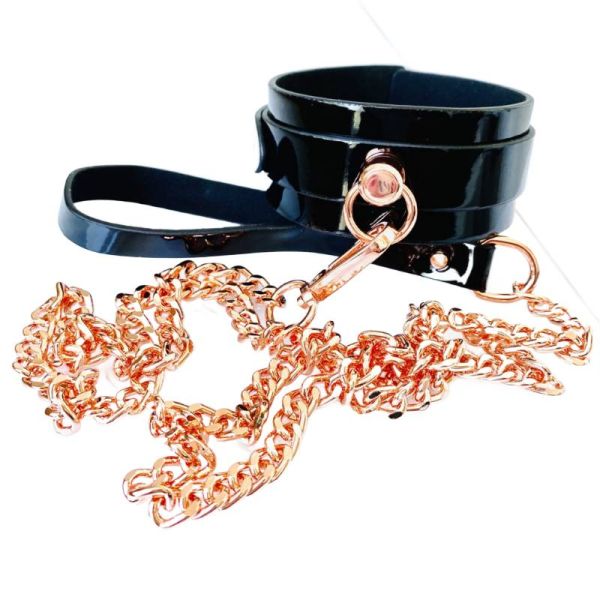 Kinky Diva zestaw High Gloss O-Ring Collar+Leash Black/Rose Gold