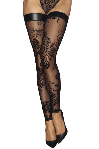 Tiulowe pończochy samonośne Noir Handmade F243 Tulle stockings with patterned flock embroidery and Powerwetlook band at the top
