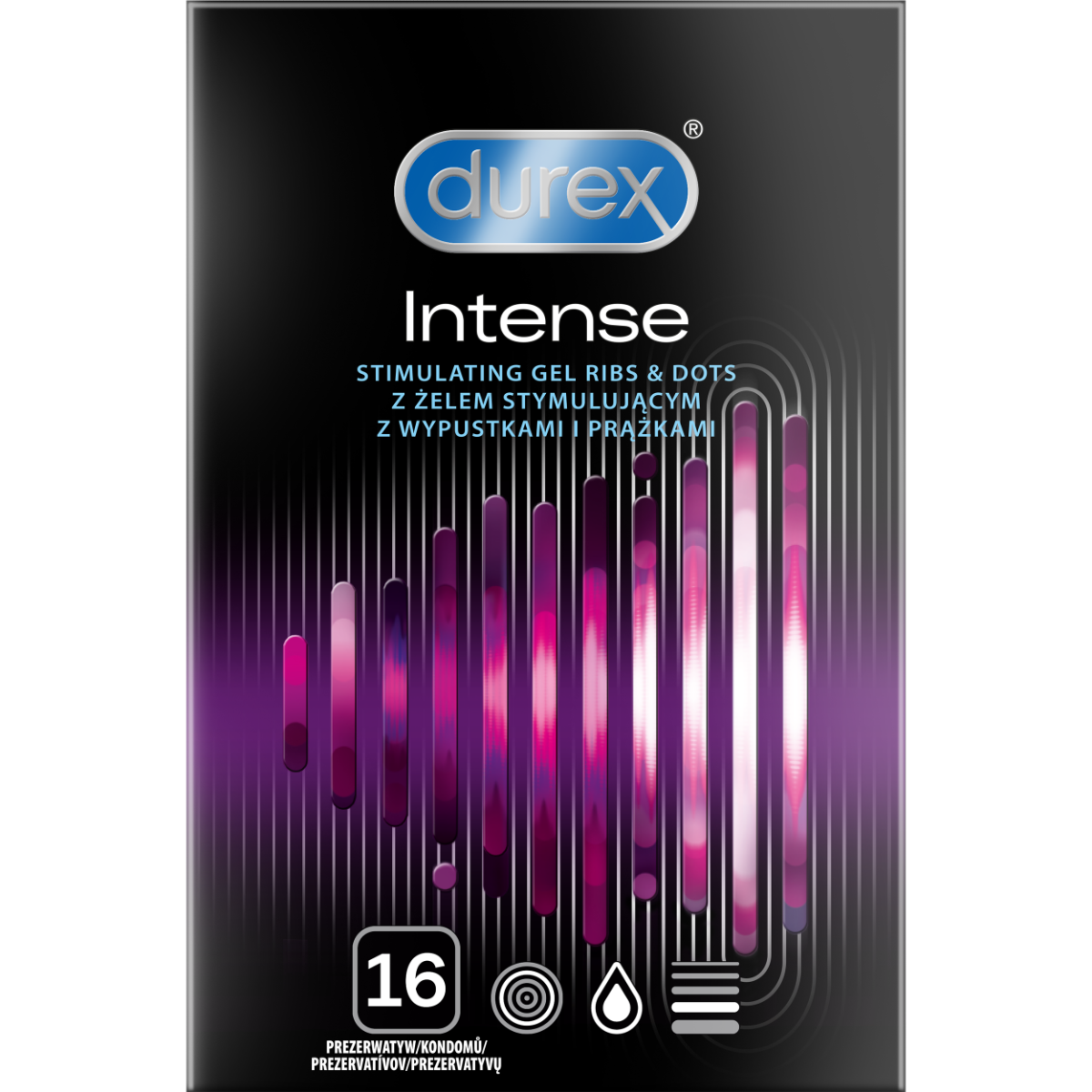 Prezerwatywy lateksowe z prążkami i wypustkami oraz żelem stymulującym Durex Intense 16szt